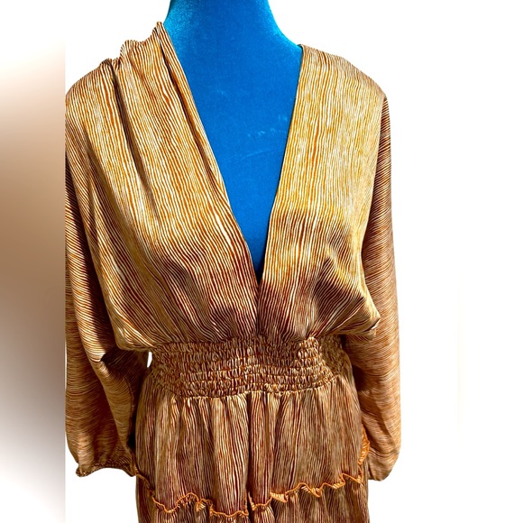 MOON RIVER Brown Tan Beige Striped Satin Balloon Dolman Sleeve Mini Dress Medium - Picture 3 of 8